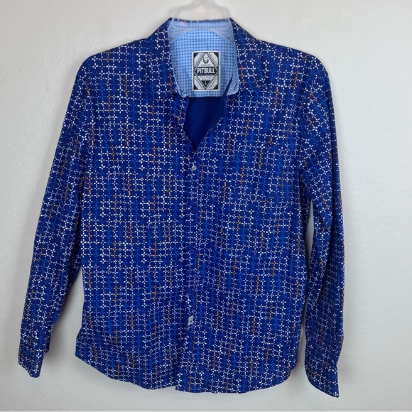 Pitbull brand casual button front shirt-blue with geo-print-Men’s Large - Picture 12 of 12